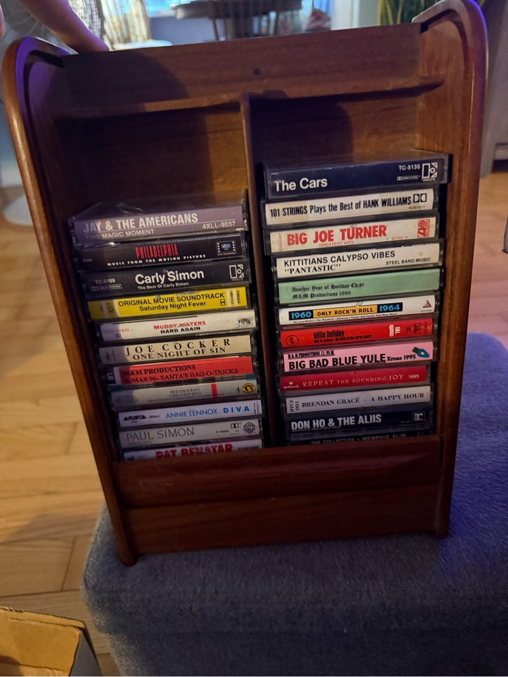 Vintage Wooden Cassette Tape Storage Cabinet + 25 Cassette Tapes – $50